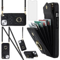 Compatible with iPhone 15 Plus 6.7 inch Wallet Case Tempered Glass Screen Protector Ring RFID Blocking Card Holder Cell Phone Cover for i-Phone 15+ iPhone15Plus 5G i i15 + iPhone15 15Plus Women Black