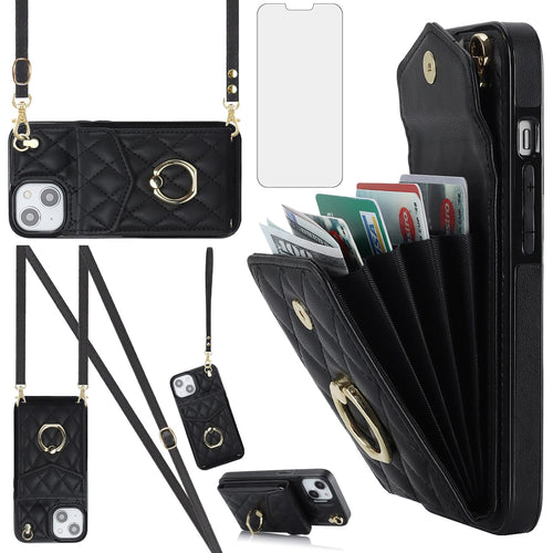 Compatible with iPhone 15 Plus 6.7 inch Wallet Case Tempered Glass Screen Protector Ring RFID Blocking Card Holder Cell Phone Cover for i-Phone 15+ iPhone15Plus 5G i i15 + iPhone15 15Plus Women Black