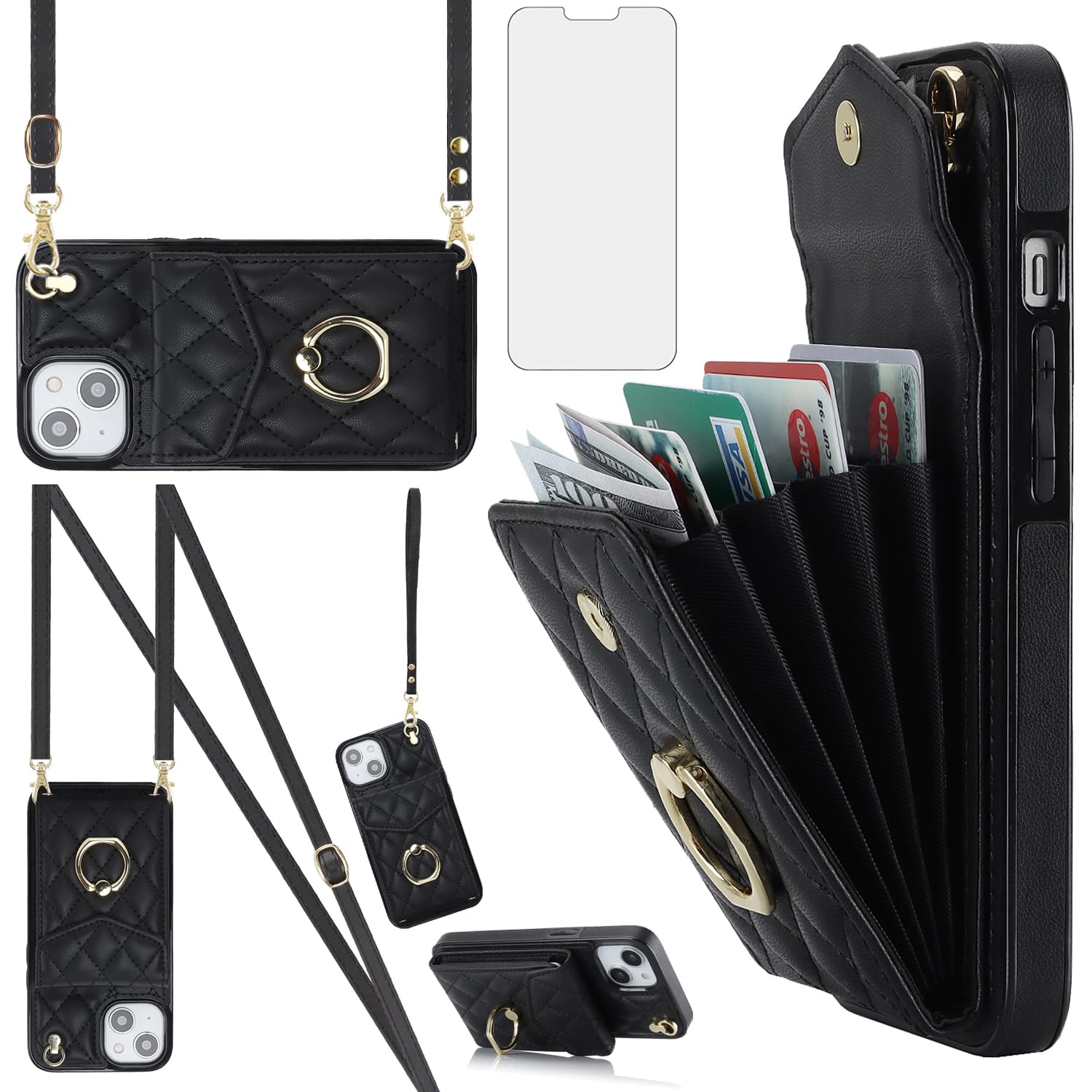 Compatible with iPhone 15 Plus 6.7 inch Wallet Case Tempered Glass Screen Protector Ring RFID Blocking Card Holder Cell Phone Cover for i-Phone 15+ iPhone15Plus 5G i i15 + iPhone15 15Plus Women Black